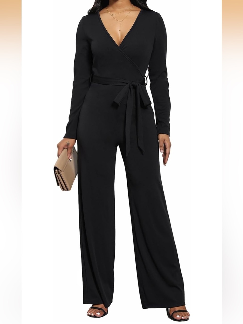 Women's Black Wrap Jumpsuit with Tie Waist
